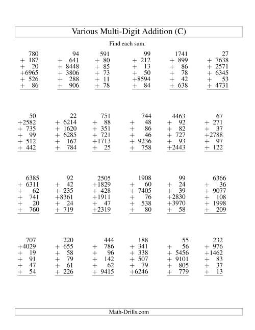 The Column Addition -- Six Various-Digit Numbers (C) Math Worksheet