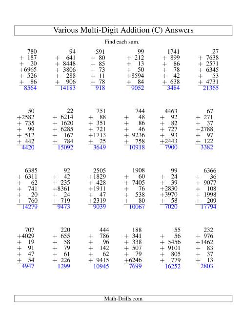 The Column Addition -- Six Various-Digit Numbers (C) Math Worksheet Page 2