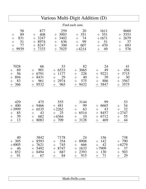 The Column Addition -- Six Various-Digit Numbers (D) Math Worksheet