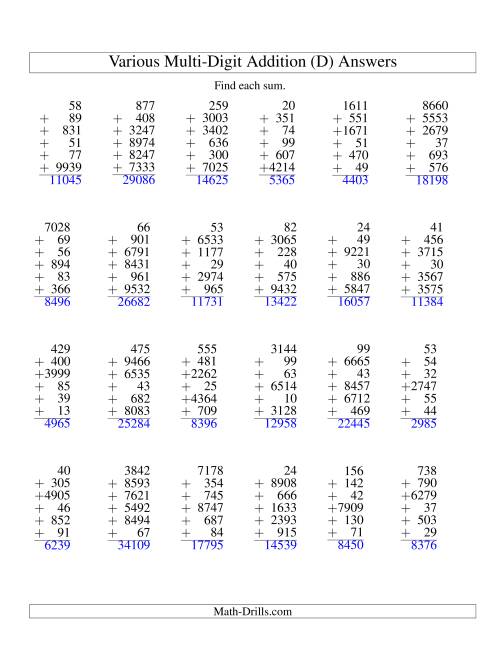 The Column Addition -- Six Various-Digit Numbers (D) Math Worksheet Page 2