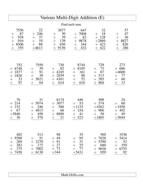 The Column Addition -- Six Various-Digit Numbers (E) Math Worksheet