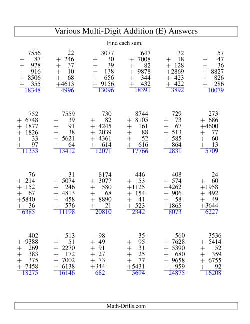 The Column Addition -- Six Various-Digit Numbers (E) Math Worksheet Page 2