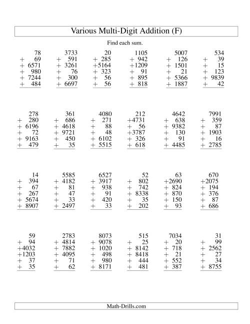 The Column Addition -- Six Various-Digit Numbers (F) Math Worksheet
