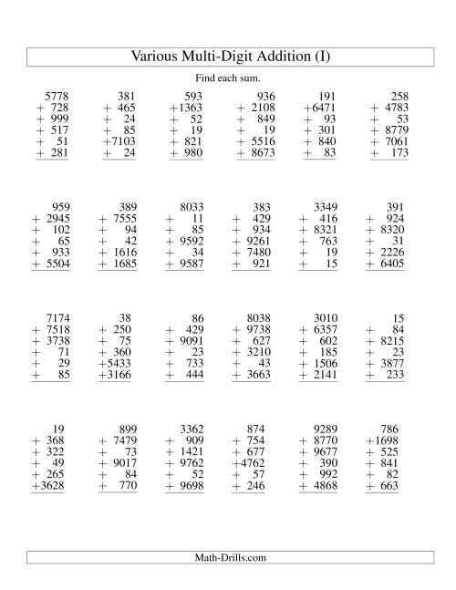 The Column Addition -- Six Various-Digit Numbers (I) Math Worksheet