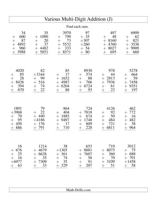 The Column Addition -- Six Various-Digit Numbers (J) Math Worksheet