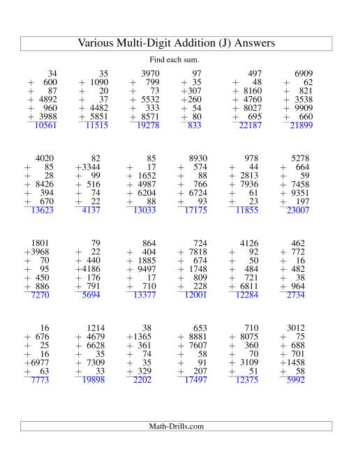 The Column Addition -- Six Various-Digit Numbers (J) Math Worksheet Page 2