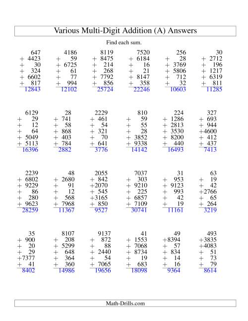 The Column Addition -- Six Various-Digit Numbers (All) Math Worksheet Page 2