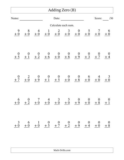 The Adding Zero With The Other Addend From 0 to 9 – 50 Questions (B) Math Worksheet