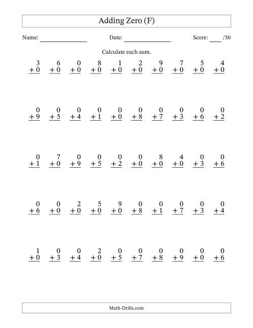 The Adding Zero With The Other Addend From 0 to 9 – 50 Questions (F) Math Worksheet