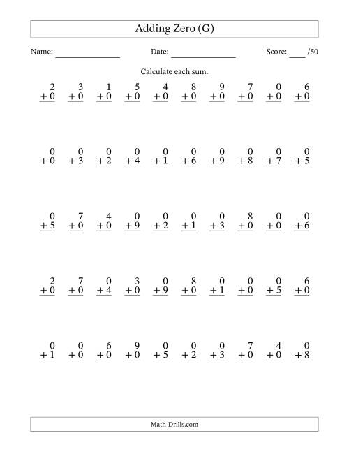 The Adding Zero With The Other Addend From 0 to 9 – 50 Questions (G) Math Worksheet