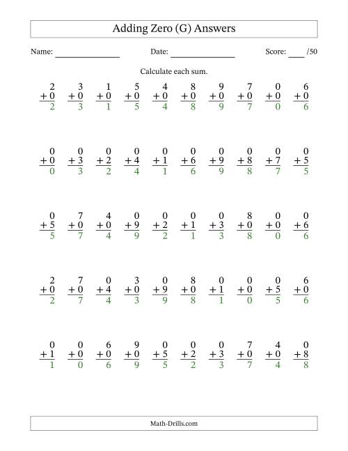 The Adding Zero With The Other Addend From 0 to 9 – 50 Questions (G) Math Worksheet Page 2