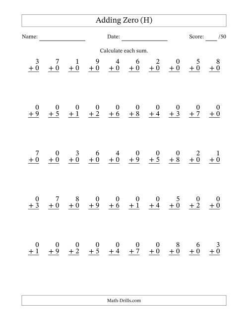 The Adding Zero With The Other Addend From 0 to 9 – 50 Questions (H) Math Worksheet