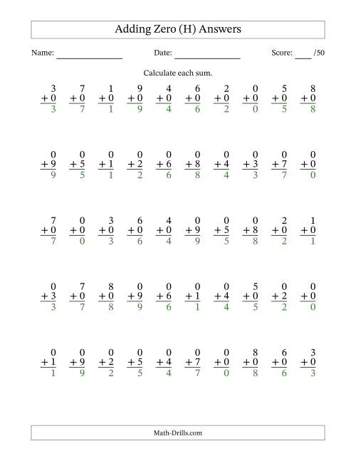 The Adding Zero With The Other Addend From 0 to 9 – 50 Questions (H) Math Worksheet Page 2