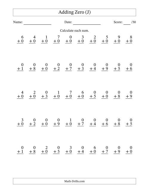 The Adding Zero With The Other Addend From 0 to 9 – 50 Questions (J) Math Worksheet