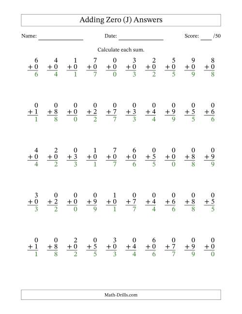 The Adding Zero With The Other Addend From 0 to 9 – 50 Questions (J) Math Worksheet Page 2
