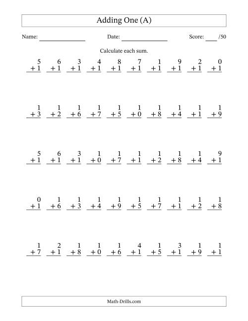 The Adding One With The Other Addend From 0 to 9 – 50 Questions (A) Math Worksheet