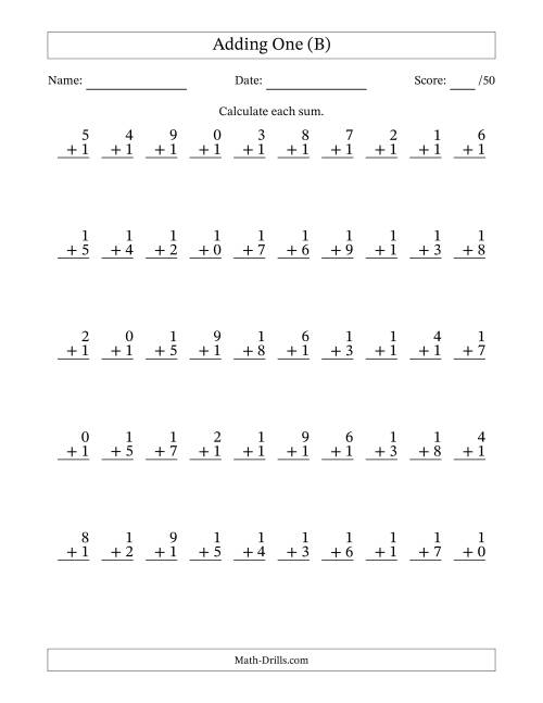 The Adding One With The Other Addend From 0 to 9 – 50 Questions (B) Math Worksheet