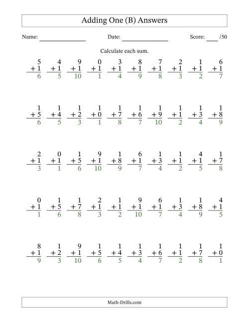 The Adding One With The Other Addend From 0 to 9 – 50 Questions (B) Math Worksheet Page 2