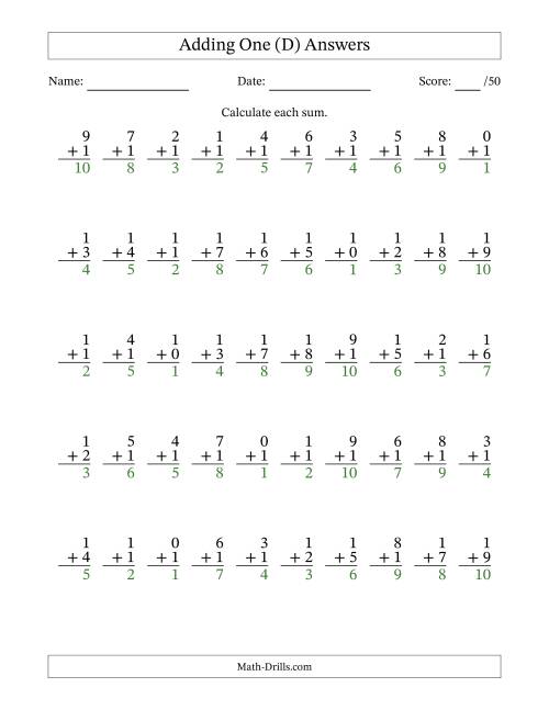The Adding One With The Other Addend From 0 to 9 – 50 Questions (D) Math Worksheet Page 2