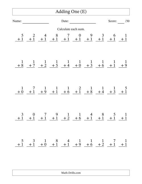The Adding One With The Other Addend From 0 to 9 – 50 Questions (E) Math Worksheet