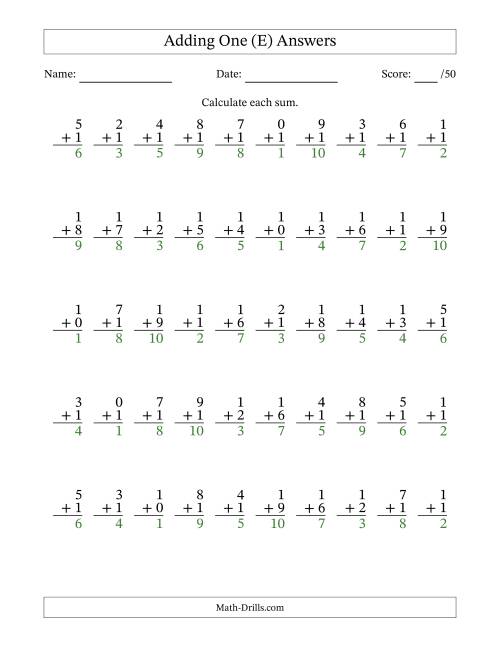 The Adding One With The Other Addend From 0 to 9 – 50 Questions (E) Math Worksheet Page 2