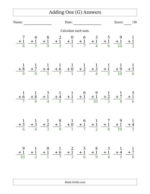 The Adding One With The Other Addend From 0 to 9 – 50 Questions (G) Math Worksheet Page 2