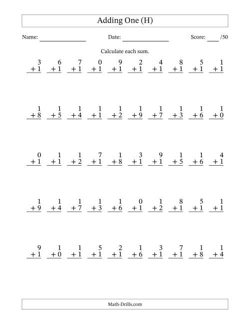 The Adding One With The Other Addend From 0 to 9 – 50 Questions (H) Math Worksheet