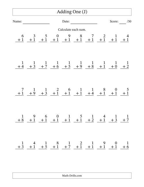 The Adding One With The Other Addend From 0 to 9 – 50 Questions (J) Math Worksheet