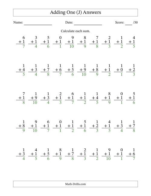 The Adding One With The Other Addend From 0 to 9 – 50 Questions (J) Math Worksheet Page 2