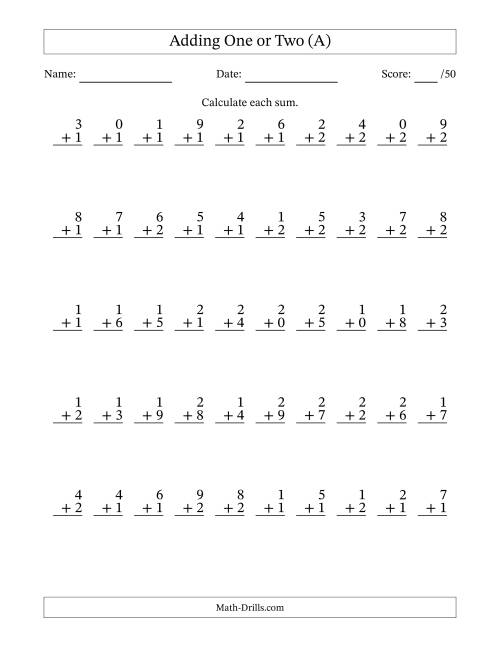 The Adding One or Two With The Other Addend From 0 to 9 – 50 Questions (A) Math Worksheet