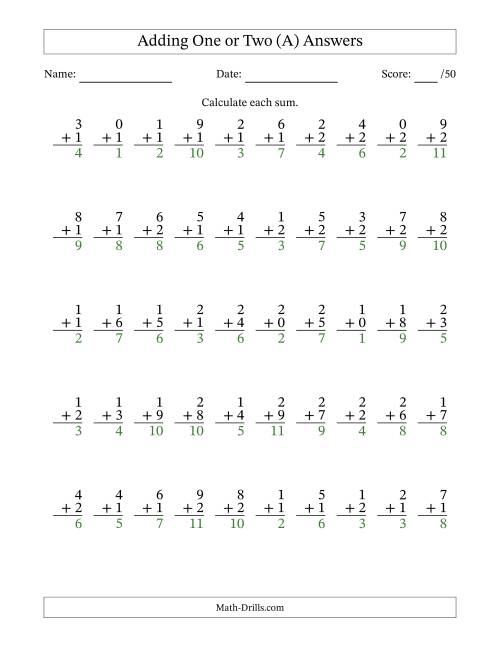 The Adding One or Two With The Other Addend From 0 to 9 – 50 Questions (A) Math Worksheet Page 2
