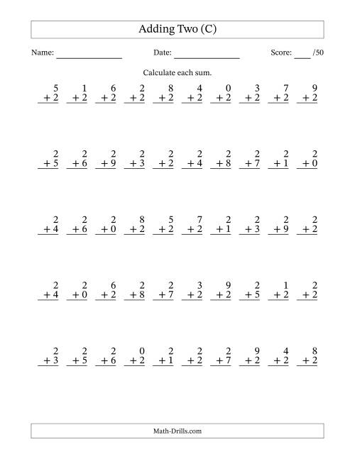 The Adding Two With The Other Addend From 0 to 9 – 50 Questions (C) Math Worksheet