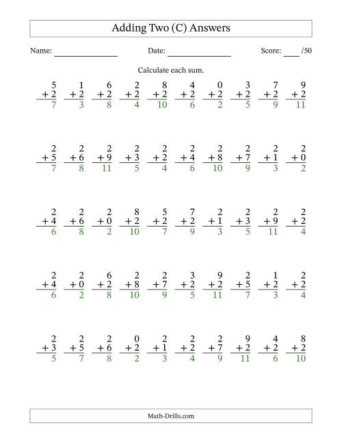 The Adding Two With The Other Addend From 0 to 9 – 50 Questions (C) Math Worksheet Page 2