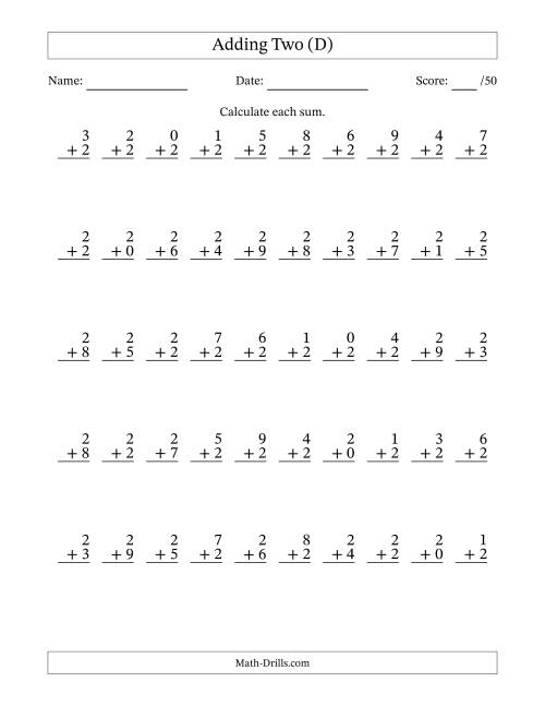 The Adding Two With The Other Addend From 0 to 9 – 50 Questions (D) Math Worksheet