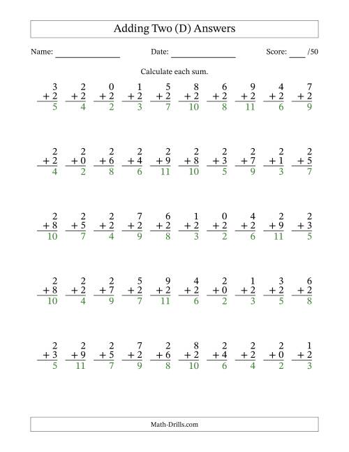 The Adding Two With The Other Addend From 0 to 9 – 50 Questions (D) Math Worksheet Page 2