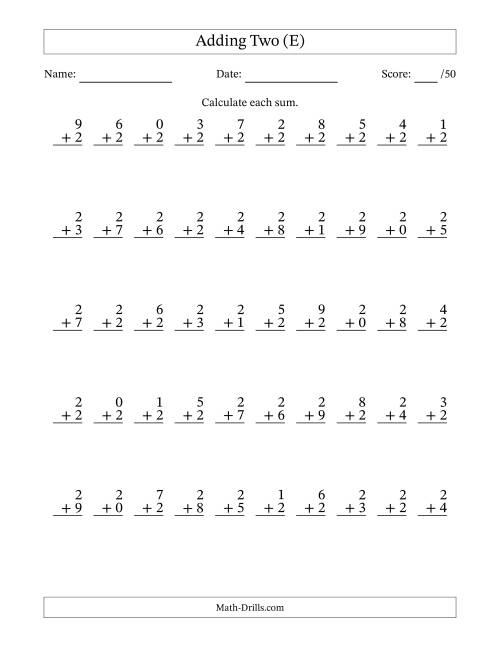 The Adding Two With The Other Addend From 0 to 9 – 50 Questions (E) Math Worksheet