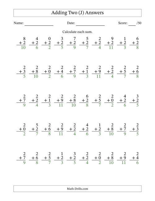 The Adding Two With The Other Addend From 0 to 9 – 50 Questions (J) Math Worksheet Page 2