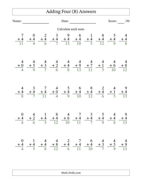 The Adding Four With The Other Addend From 0 to 9 – 50 Questions (B) Math Worksheet Page 2