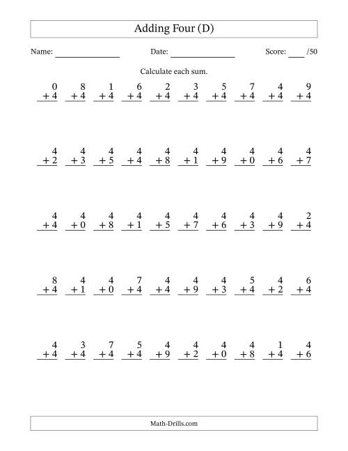 The Adding Four With The Other Addend From 0 to 9 – 50 Questions (D) Math Worksheet
