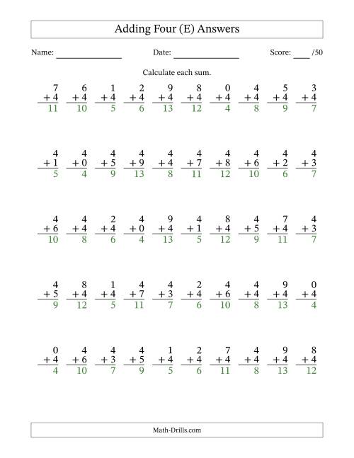 The Adding Four With The Other Addend From 0 to 9 – 50 Questions (E) Math Worksheet Page 2