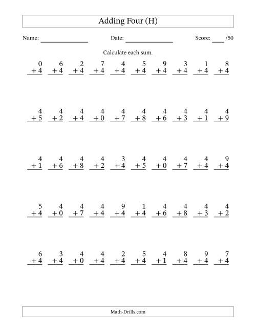 The Adding Four With The Other Addend From 0 to 9 – 50 Questions (H) Math Worksheet