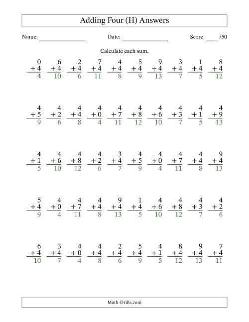 The Adding Four With The Other Addend From 0 to 9 – 50 Questions (H) Math Worksheet Page 2