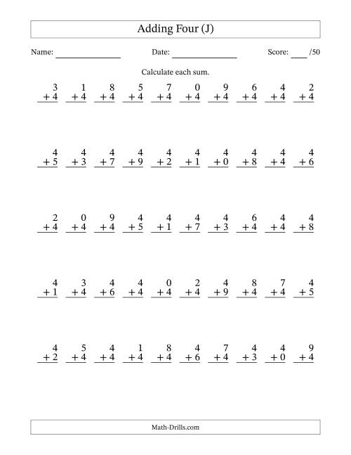 The Adding Four With The Other Addend From 0 to 9 – 50 Questions (J) Math Worksheet