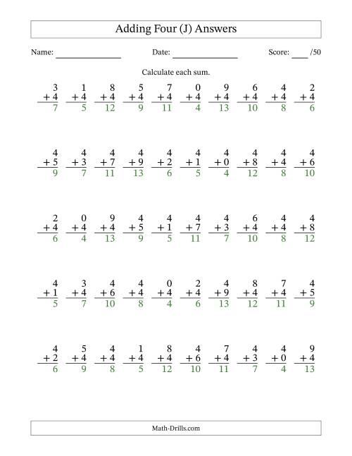 The Adding Four With The Other Addend From 0 to 9 – 50 Questions (J) Math Worksheet Page 2