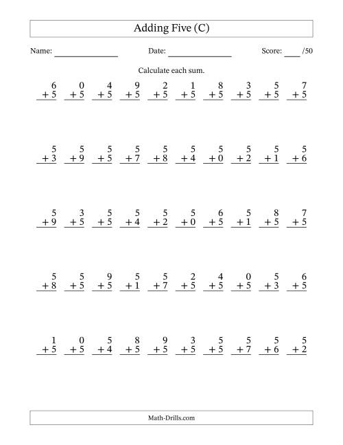 The Adding Five With The Other Addend From 0 to 9 – 50 Questions (C) Math Worksheet