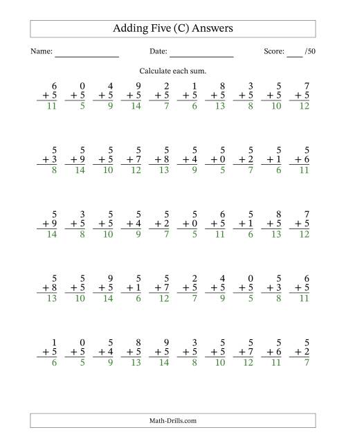 The Adding Five With The Other Addend From 0 to 9 – 50 Questions (C) Math Worksheet Page 2