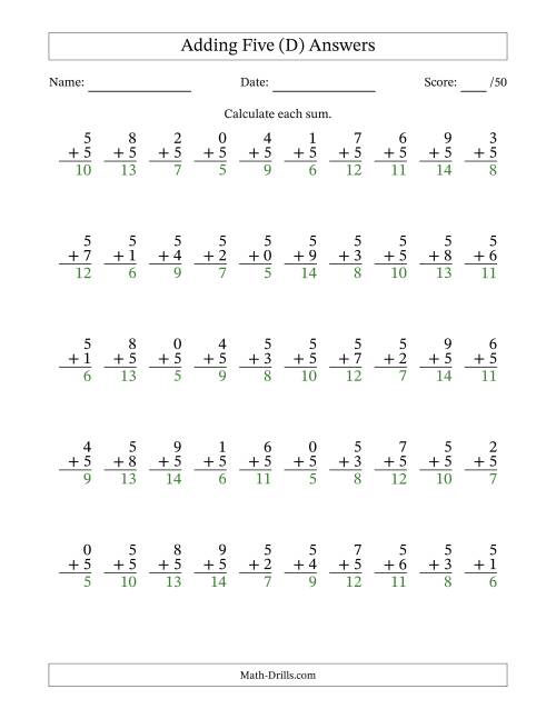 The Adding Five With The Other Addend From 0 to 9 – 50 Questions (D) Math Worksheet Page 2