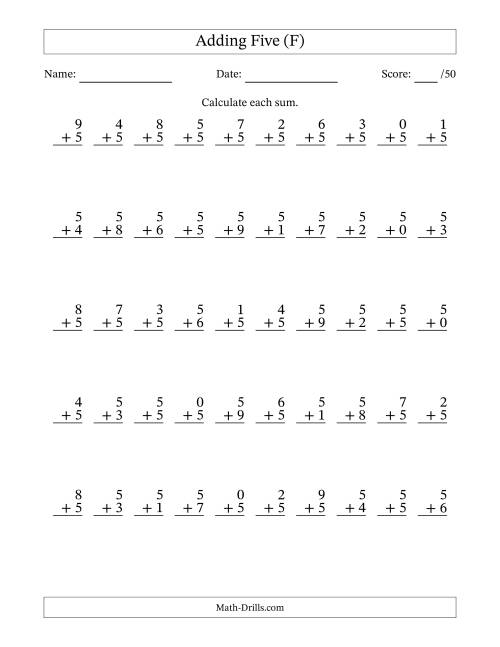 The Adding Five With The Other Addend From 0 to 9 – 50 Questions (F) Math Worksheet