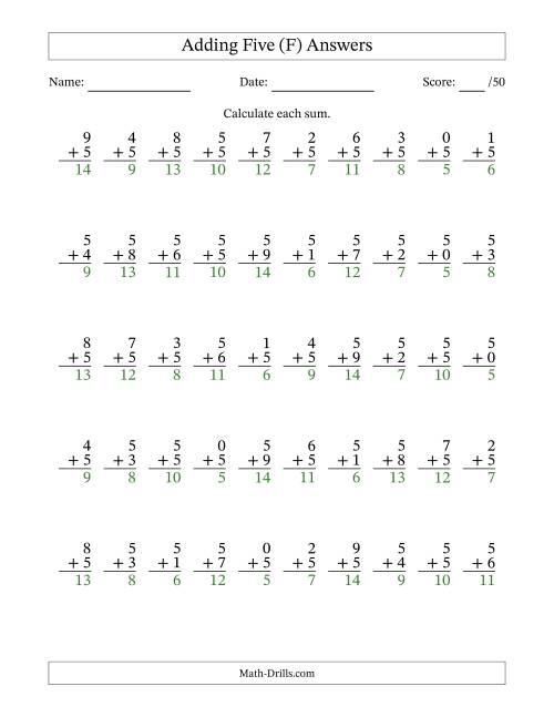 The Adding Five With The Other Addend From 0 to 9 – 50 Questions (F) Math Worksheet Page 2