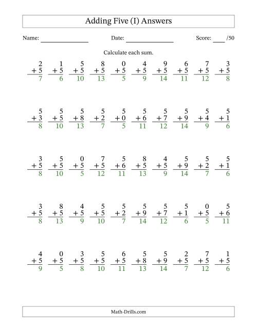 The Adding Five With The Other Addend From 0 to 9 – 50 Questions (I) Math Worksheet Page 2